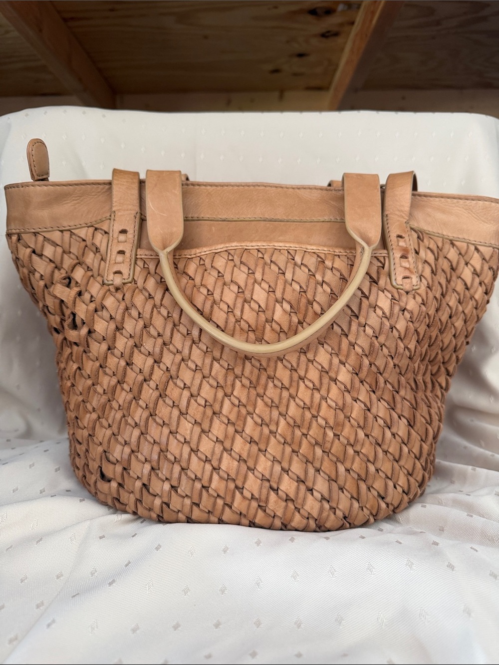 Woven Leather Tote Bag in Tan